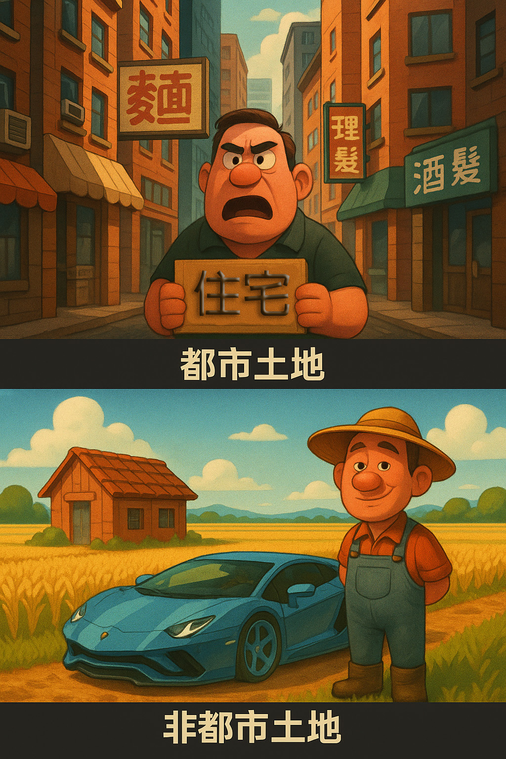 [都市土地]：住商混合的困擾和 [非都市土地]：稻田中間的農舍，門口停著一台藍寶堅尼（農舍主人說這是「農用機具」）